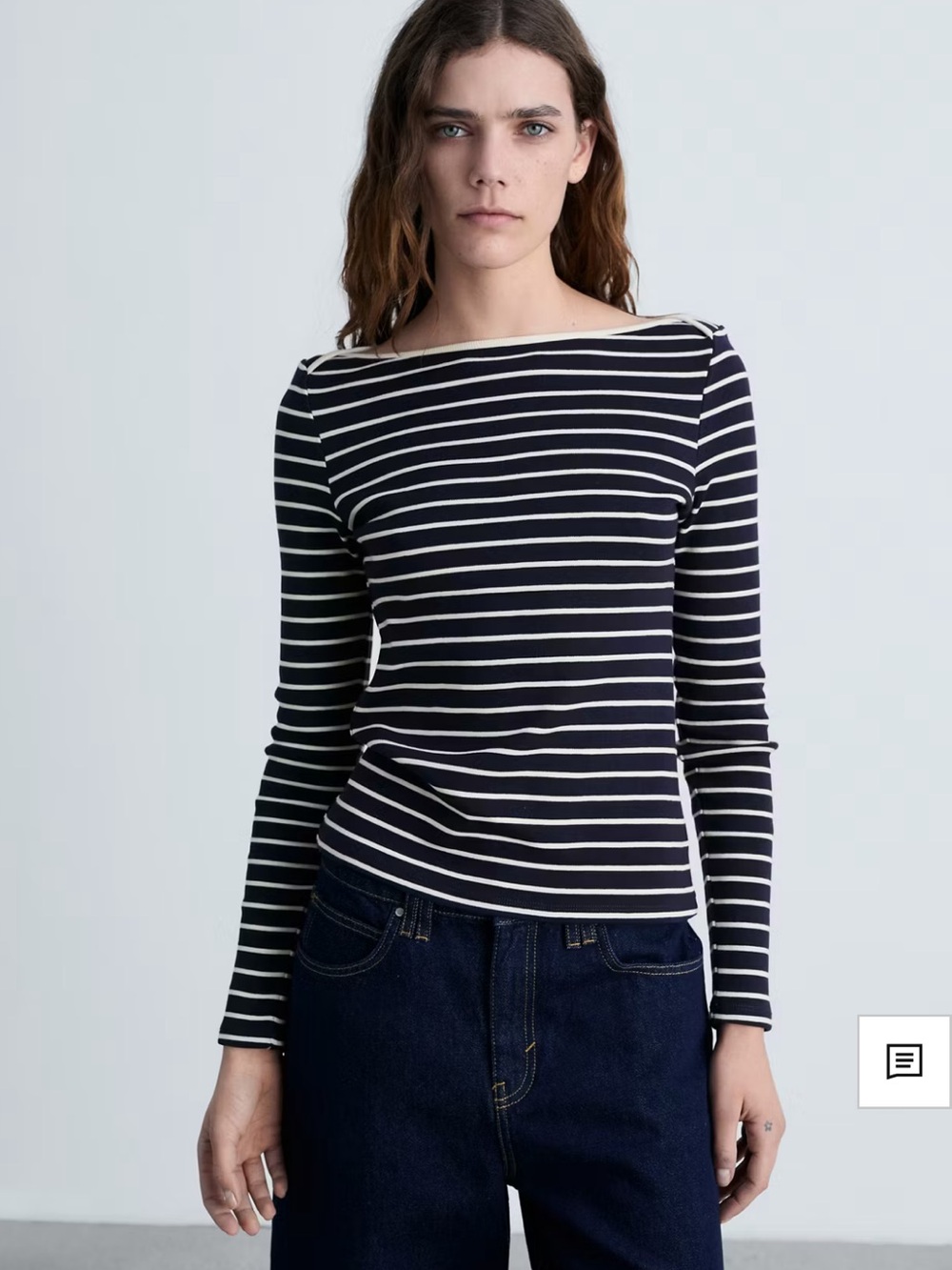 Striped Long-Sleeve Boatneck Top in navy and white